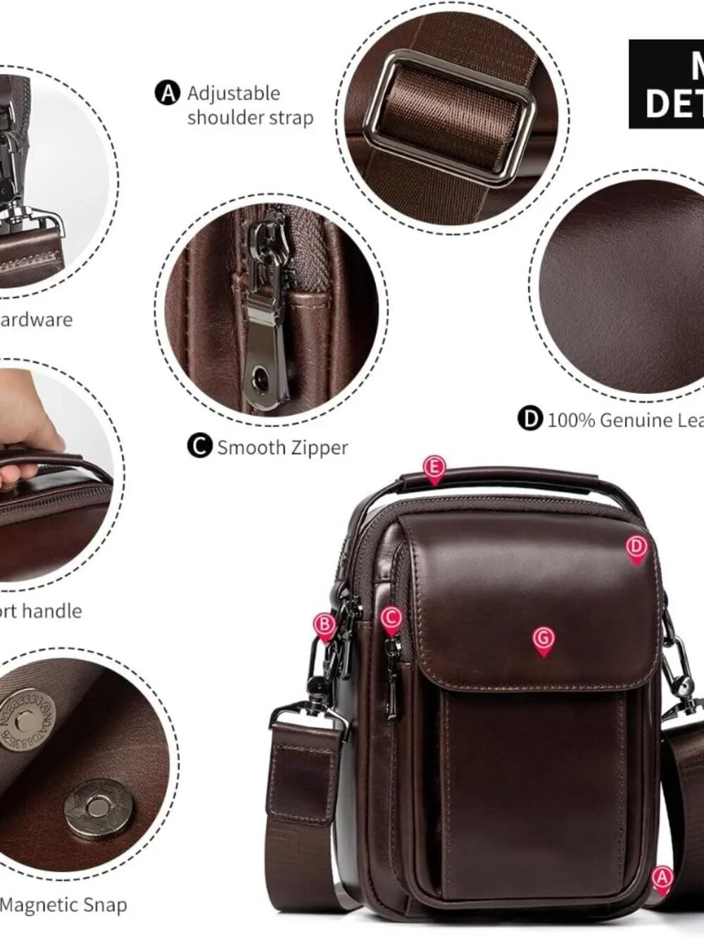 Men's Coffee Leather Shoulder Sling Travel Crossbody Stylish Magnetic Buckle Bag